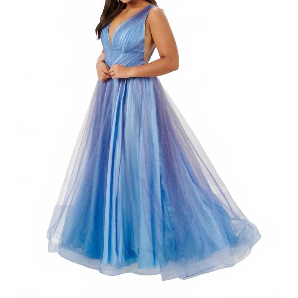 NEW HOUSE OF WU sparkle ombre tulle v-neck gown - plus in sky/navy